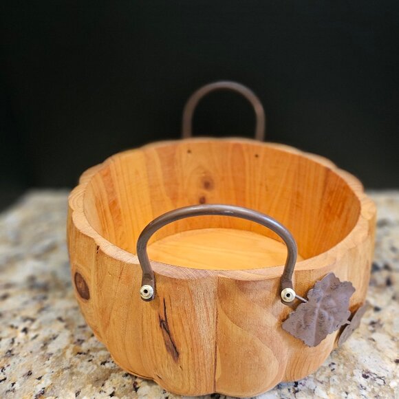 Pier One Rustic Hand Carved Pumpkin Bowl With Metal Handles and Leaf Accent - Picture 10 of 10